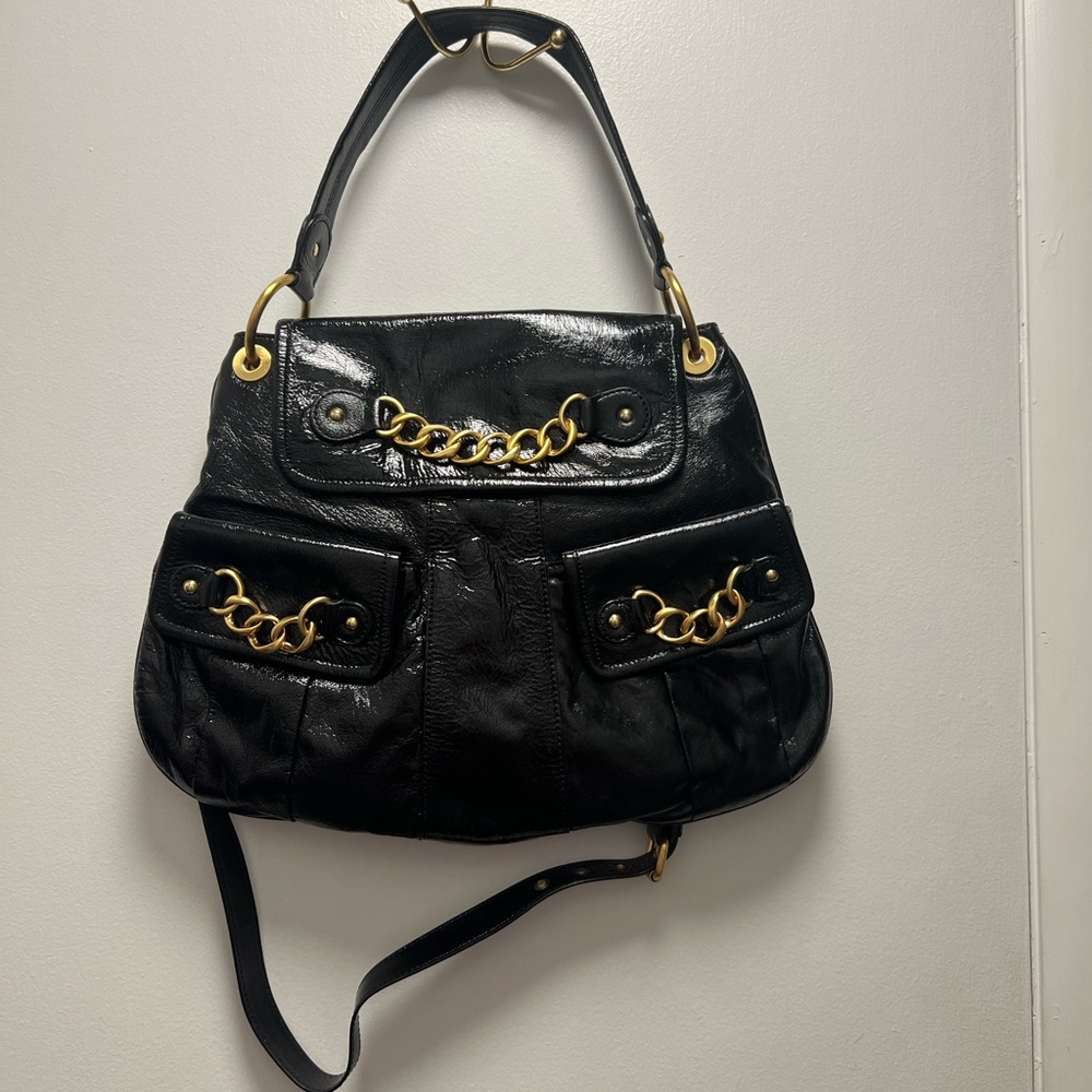 Cynthia Rowley Black Crinkled Patent Leather Purse with Gold Toned Hardware